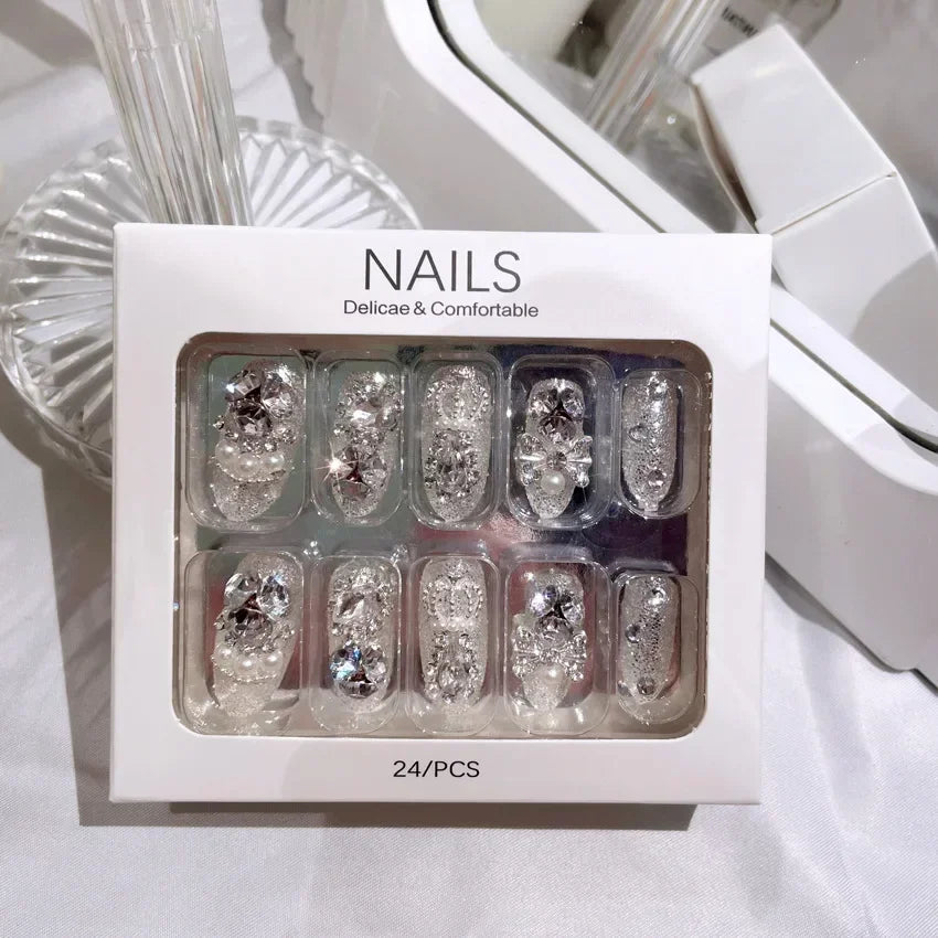 Blue Snowflake Rhinestone Press On Nails Long Full Cover 24Pcs