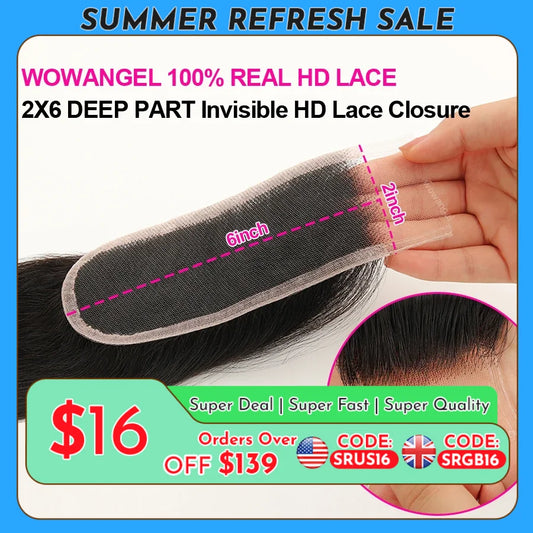WOWANGEL 2x6 Deep Parting HD Lace Closure Frontal Only Melt Skin Straight Hair Kim K Closure Pre Plucked Virgin Hair For Woman
