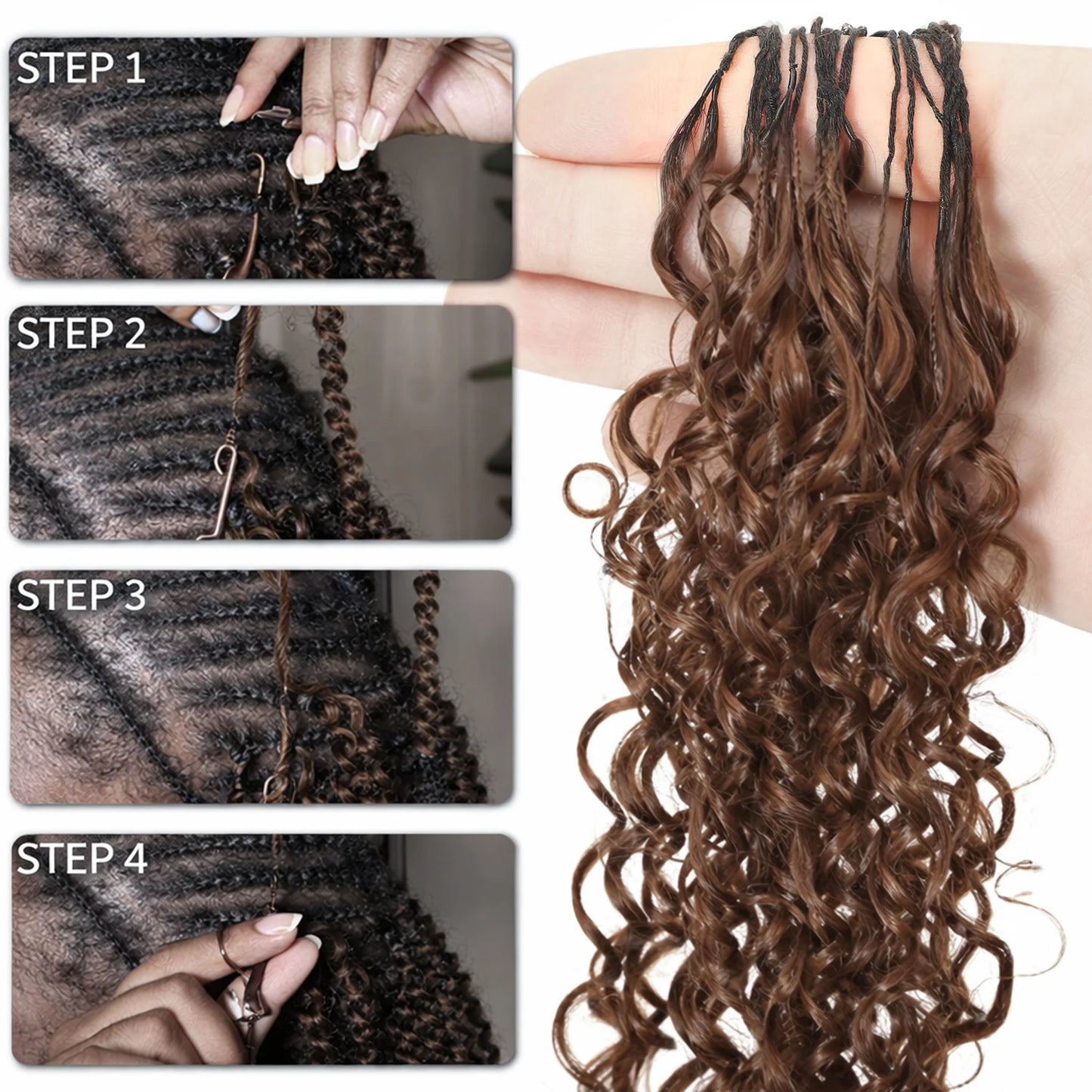 Color Brown Burmese Water Wave Braiding Hair Knotless Pre-Separated Deep Curly Feather Crochet Human Hair Extensions Invisible