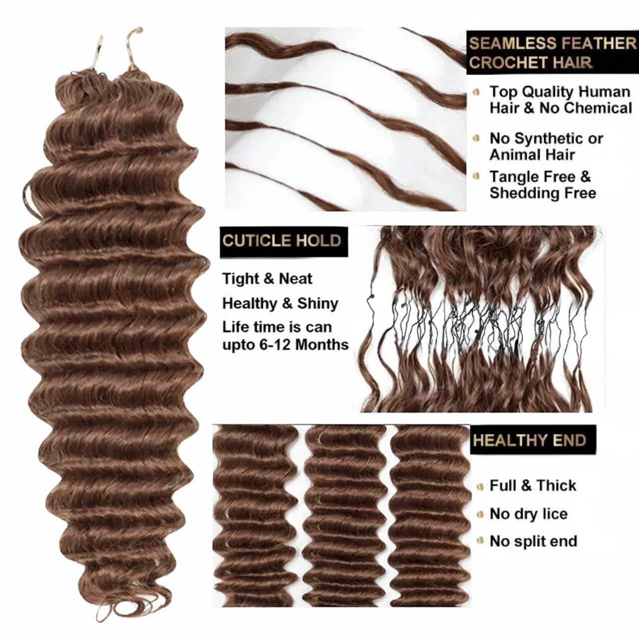Color Brown Burmese Water Wave Braiding Hair Knotless Pre-Separated Deep Curly Feather Crochet Human Hair Extensions Invisible