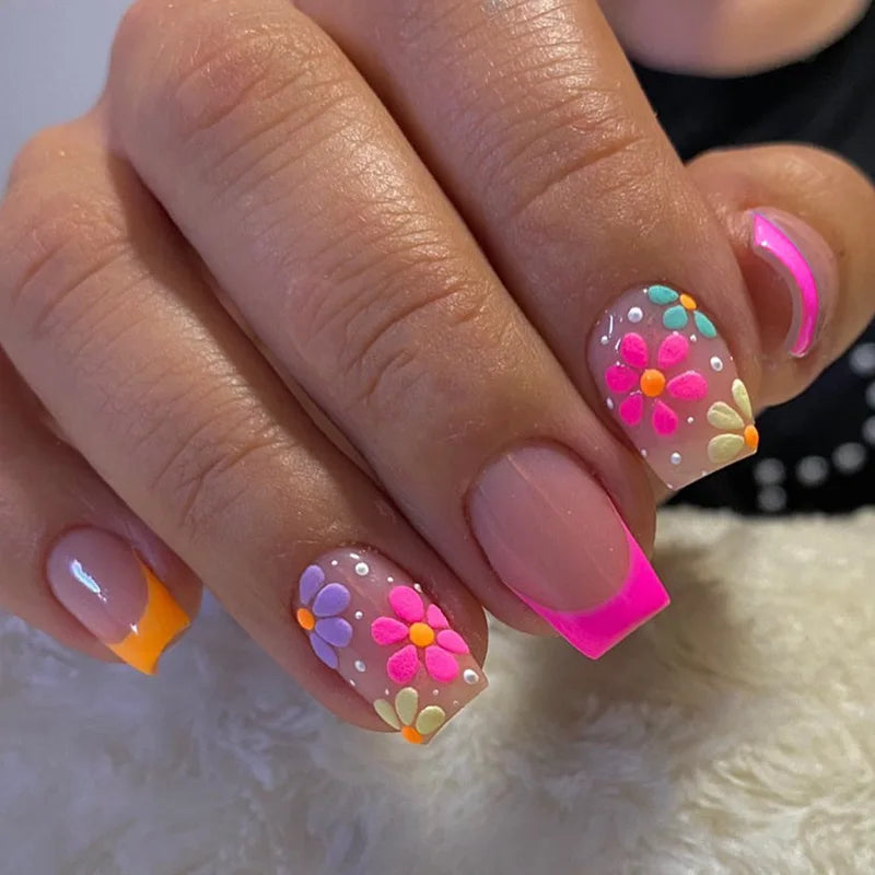 Short Square French Press On Nails Floral Acrylic Set 24Pcs