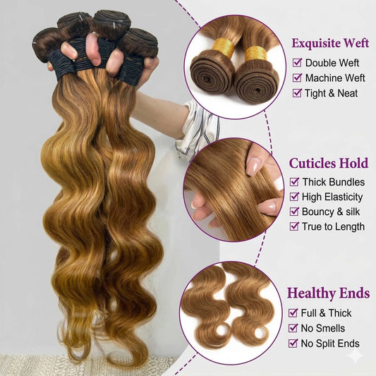 Highlight Body Wave Bundles Human Hair 40 Inch Ombre Unprocessed Remy Real Human Hair Bundle Blonde Raw Hair Extensions Weaving