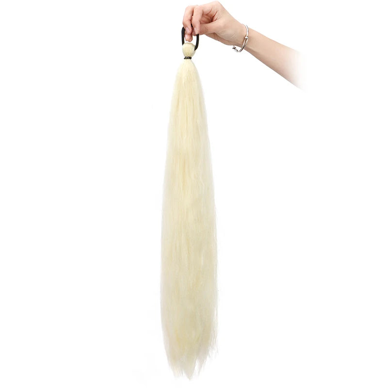 26Inch Synthetic Ponytail Extension with Elastic Tie Hair Band Long Yaki Straight Colored Braiding Ponytail Ombre Colors