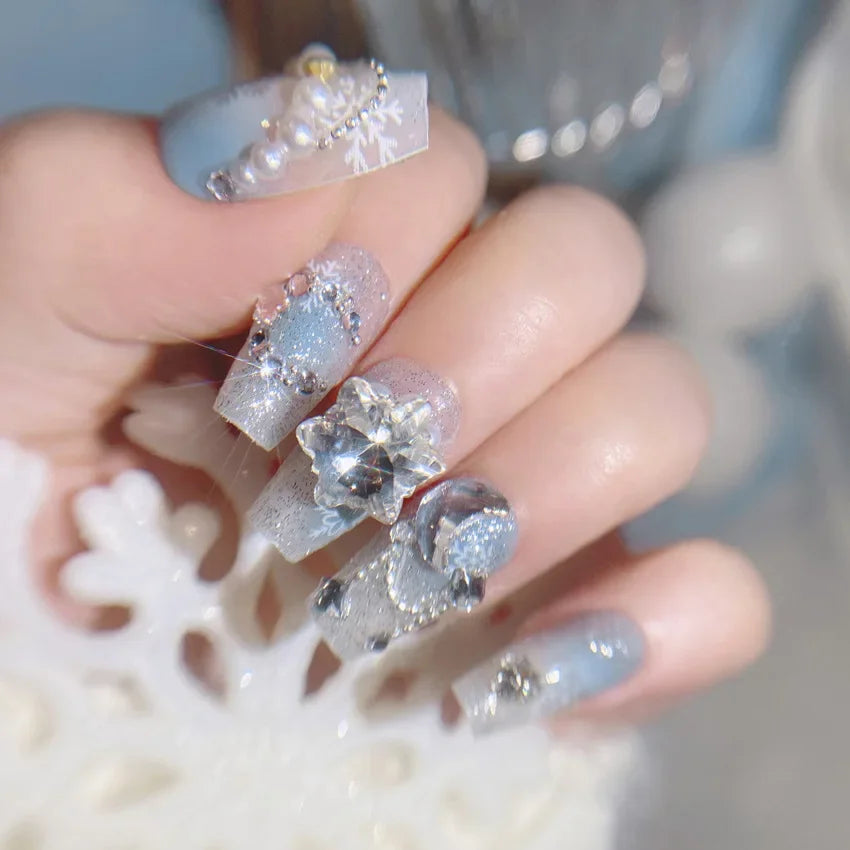 Blue Snowflake Rhinestone Press On Nails Long Full Cover 24Pcs
