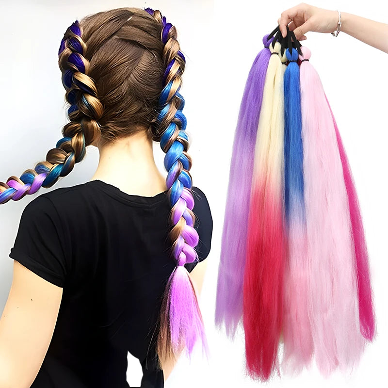 26Inch Synthetic Ponytail Extension with Elastic Tie Hair Band Long Yaki Straight Colored Braiding Ponytail Ombre Colors