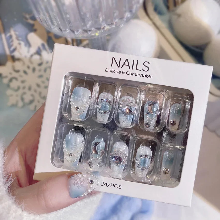 Blue Snowflake Rhinestone Press On Nails Long Full Cover 24Pcs