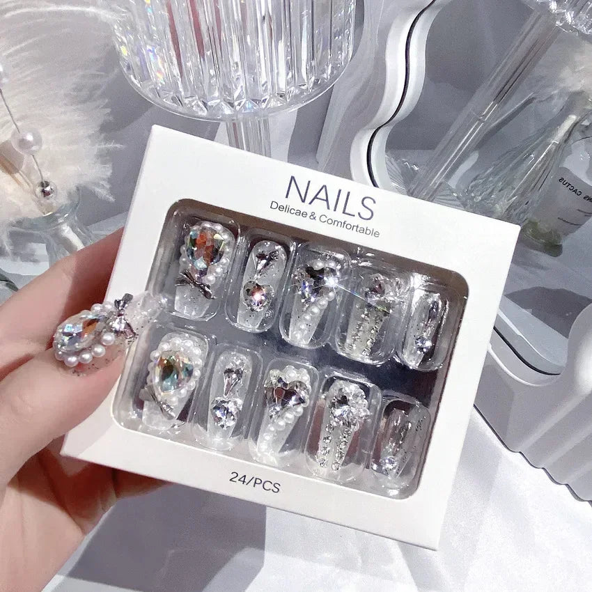 Blue Snowflake Rhinestone Press On Nails Long Full Cover 24Pcs
