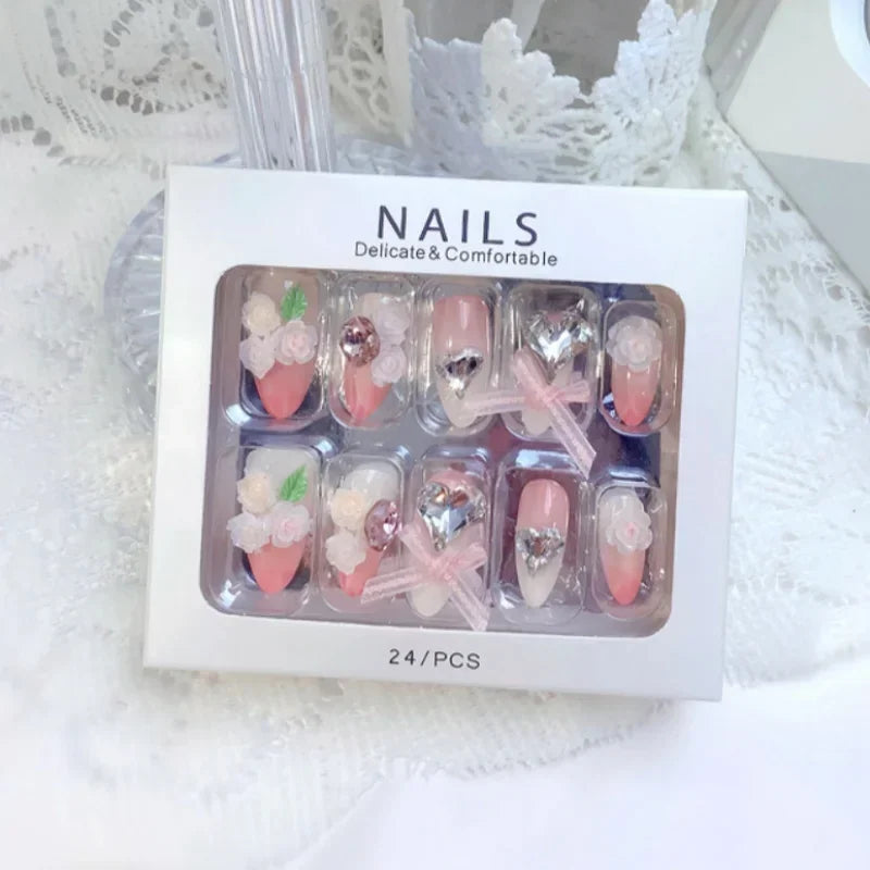 Blue Snowflake Rhinestone Press On Nails Long Full Cover 24Pcs