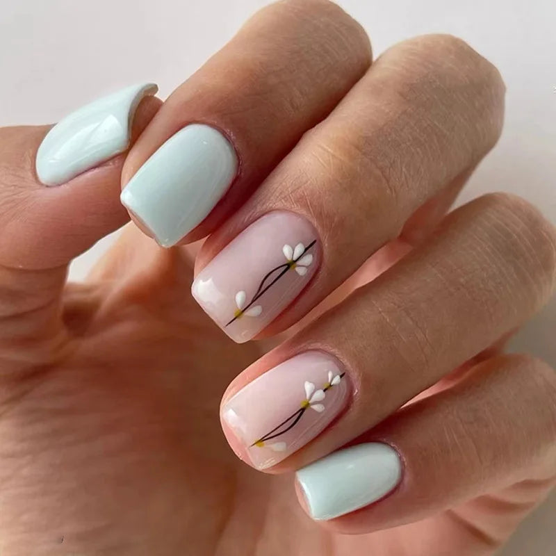 Short Square French Press On Nails Floral Acrylic Set 24Pcs