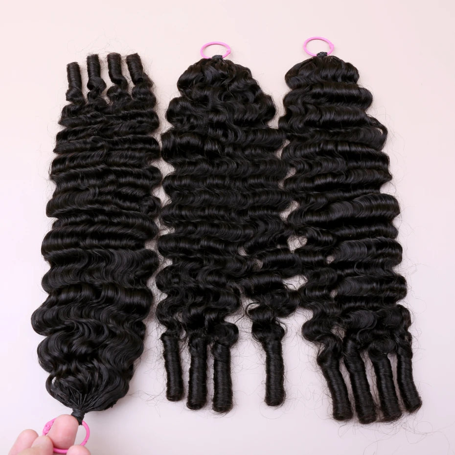 1B Burmese Curly Feather Crochet 100% Human Hair Pre-looped Invisible Miracle Knots Hair Feathered Pre-braided Crochet Human Hair Natural Colored Boho Braids Burmese Curls Hair Weave Bundles Remy Human Hair Extensions 20 22 2