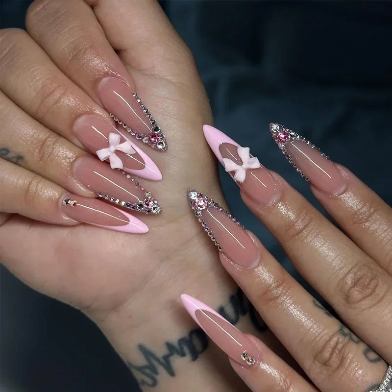 24pcs Cat Eye French Press-On Nails with 3D Bow