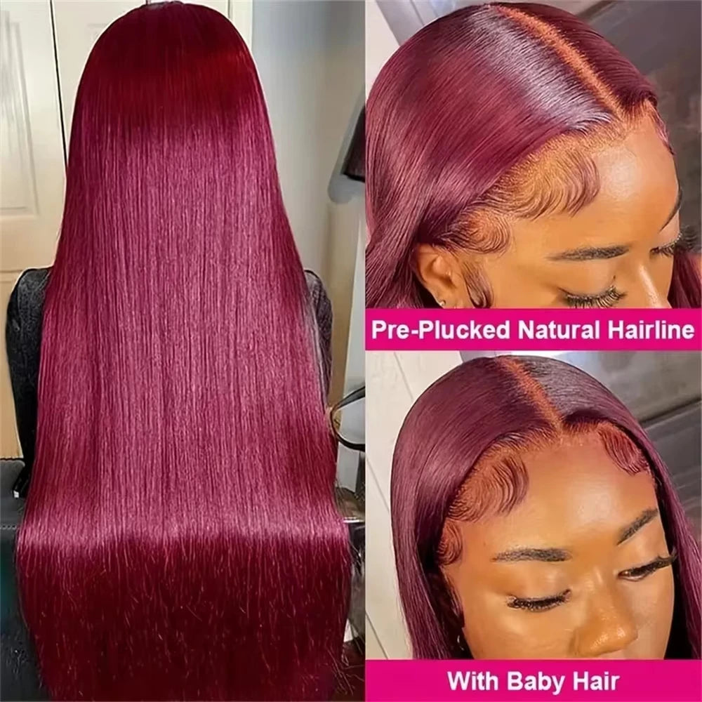 Luxury 36" Burgundy HD Lace Frontal Wig 200% Density Human Hair