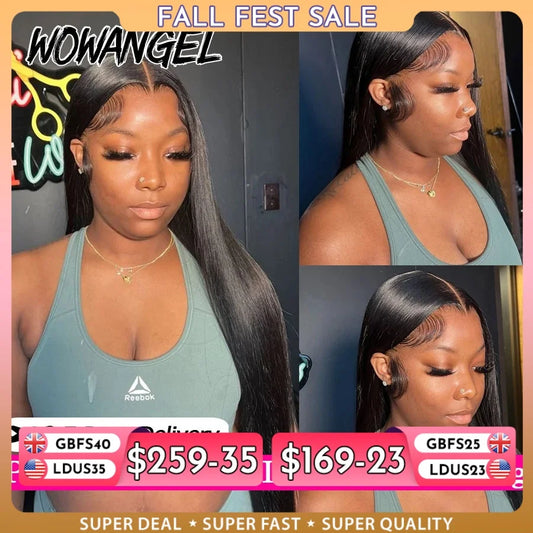 WowAngel 250% Pre Bleached 13x6 HD Lace Front Wigs 34in Glueless Straight Human Hair Wigs Pre Plucked Brazilian Hair For Women