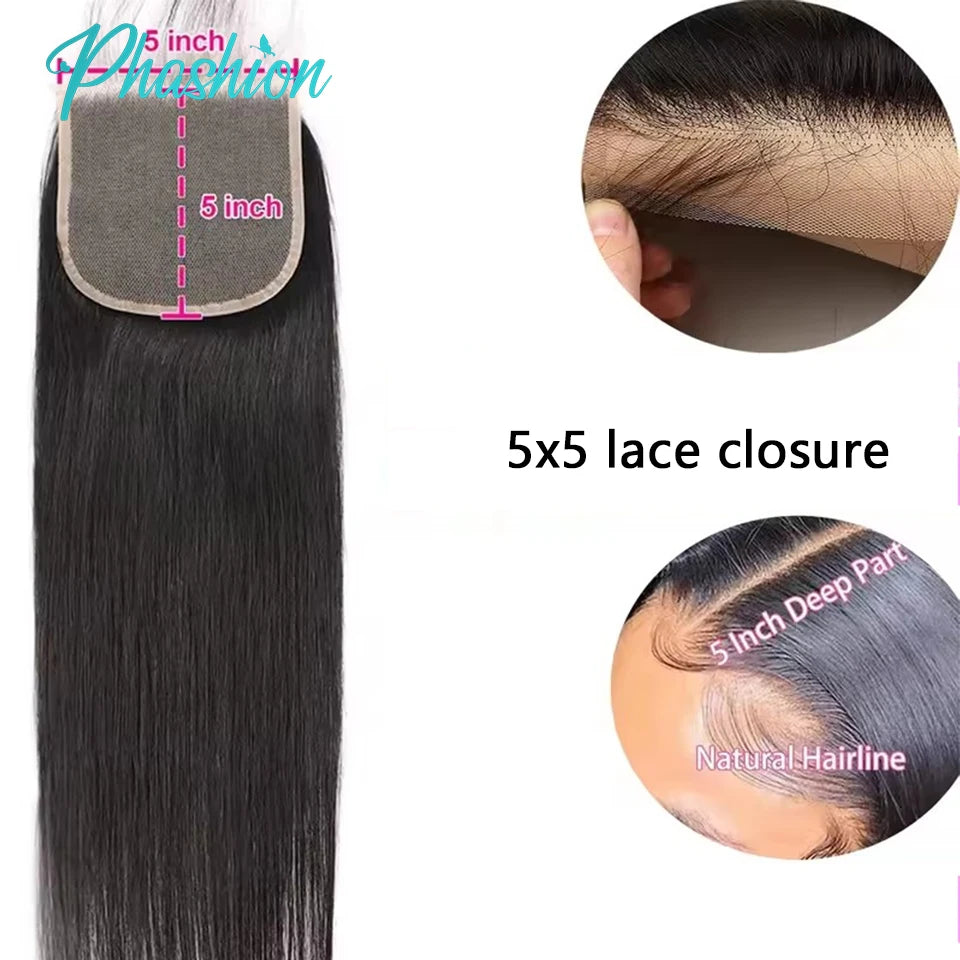 Phashion 24 26 Inch 5x5 4x4 Straight Lace Closure Only Pre Plucked Long Full Swiss Transparent Lace 100% Remy Human Hair On Sale