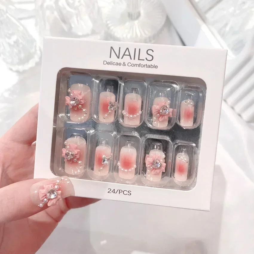Blue Snowflake Rhinestone Press On Nails Long Full Cover 24Pcs