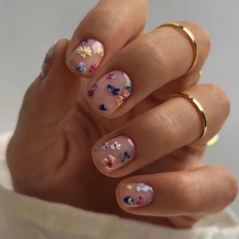 Short Square French Press On Nails Floral Acrylic Set 24Pcs