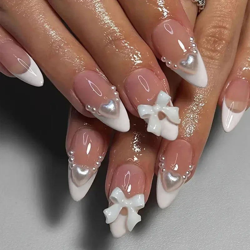 24pcs Cat Eye French Press-On Nails with 3D Bow