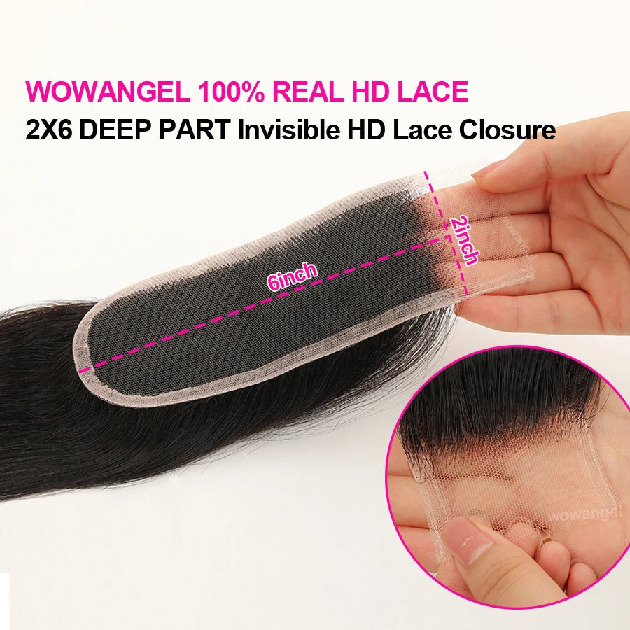 WOWANGEL 2x6 Deep Parting HD Lace Closure Frontal Only Melt Skin Straight Hair Kim K Closure Pre Plucked Virgin Hair For Woman