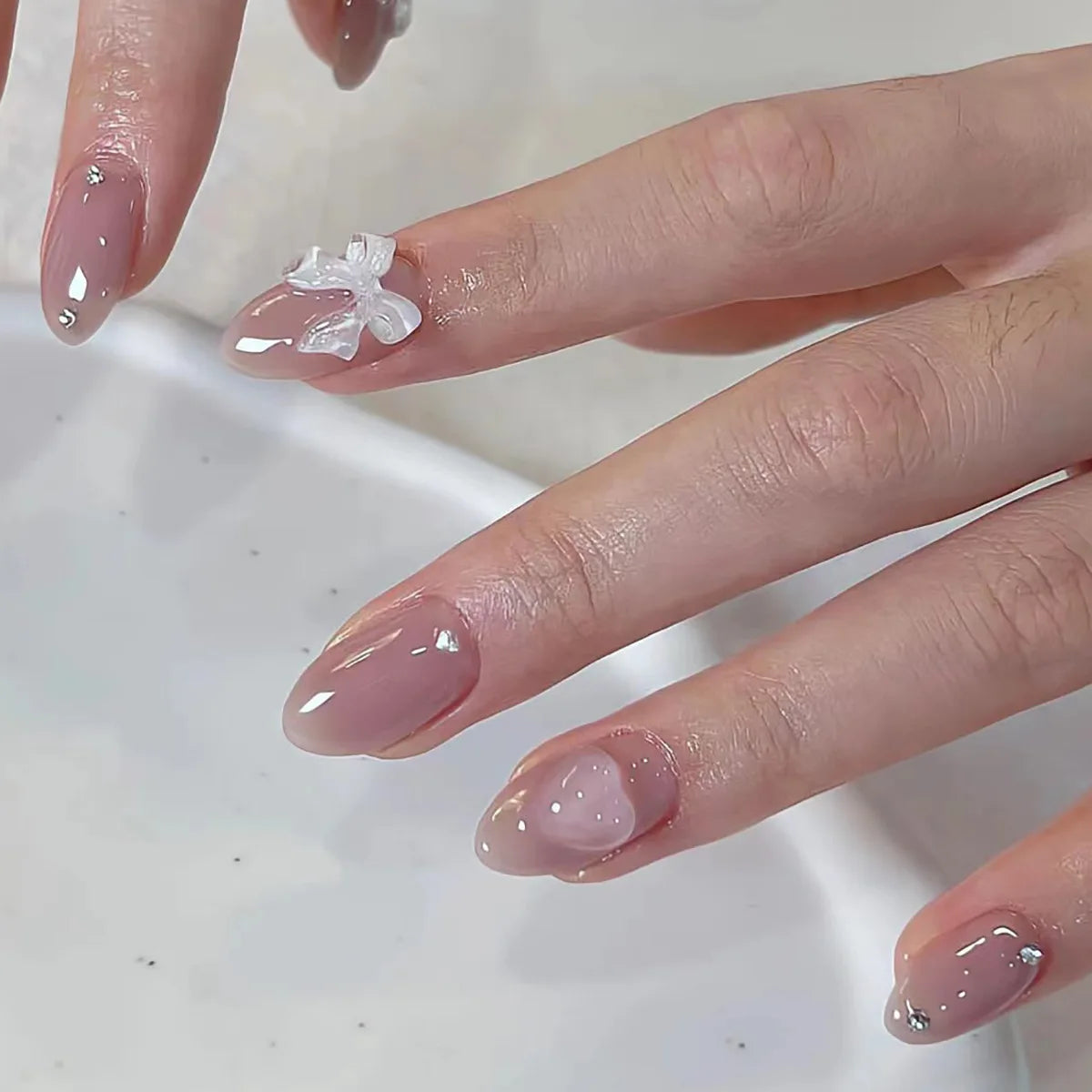 24pcs Cat Eye French Press-On Nails with 3D Bow