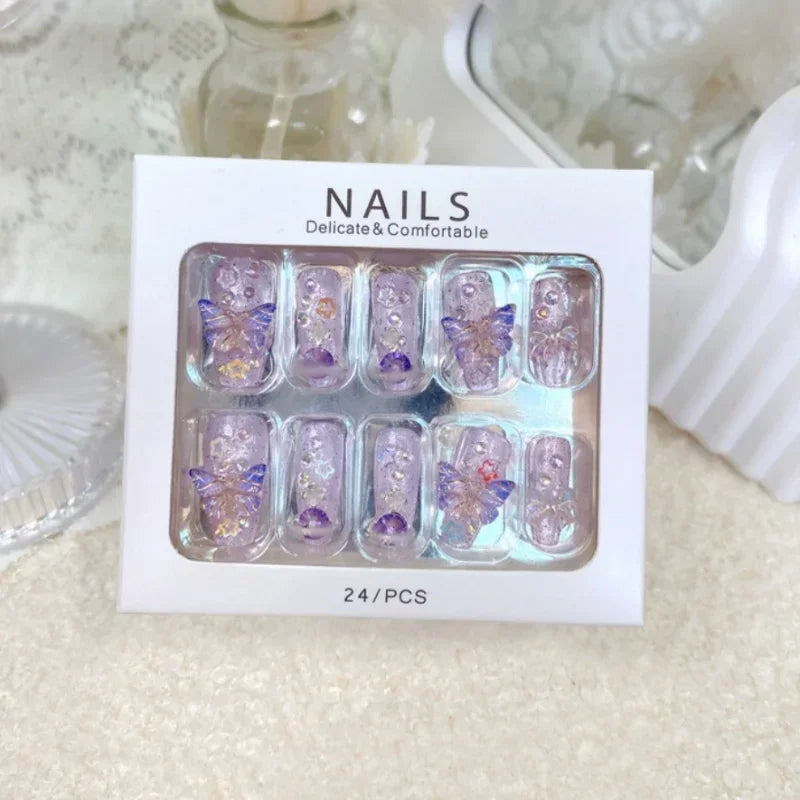 Blue Snowflake Rhinestone Press On Nails Long Full Cover 24Pcs