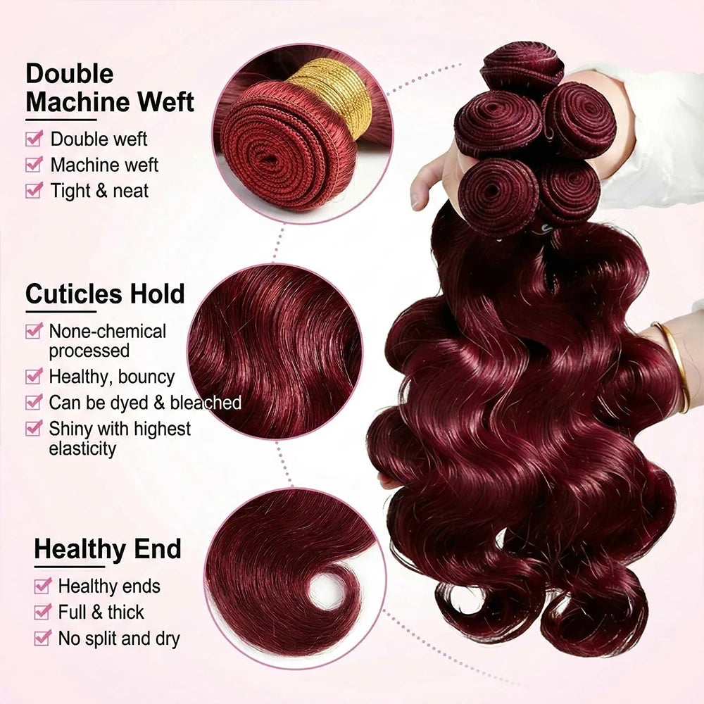 16A Burgundy 99j Body Wave Bundles Human Hair 30 Inch Brazilian Hair Weave Bundle Colored Real Human Hair 3/4 Raw Hair Bundles