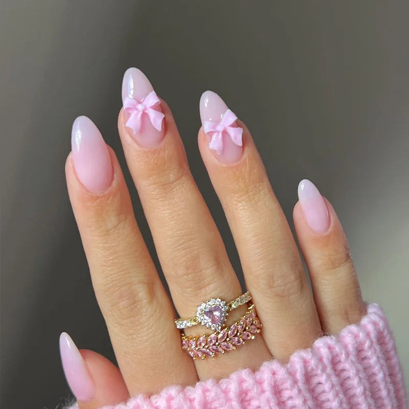 24pcs Cat Eye French Press-On Nails with 3D Bow