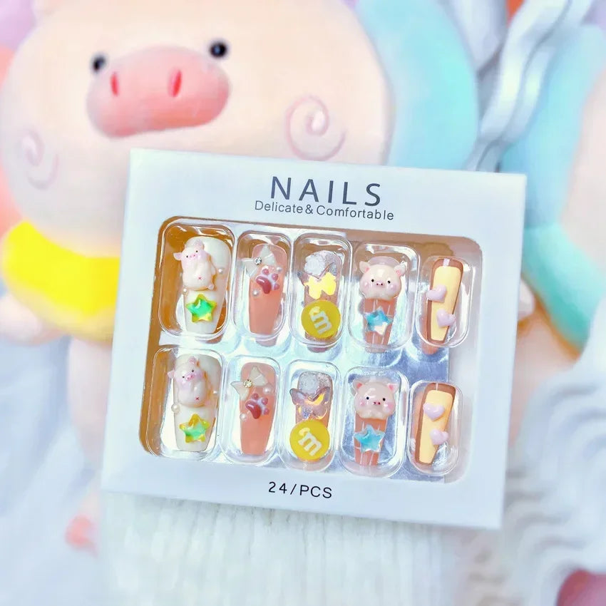 Blue Snowflake Rhinestone Press On Nails Long Full Cover 24Pcs