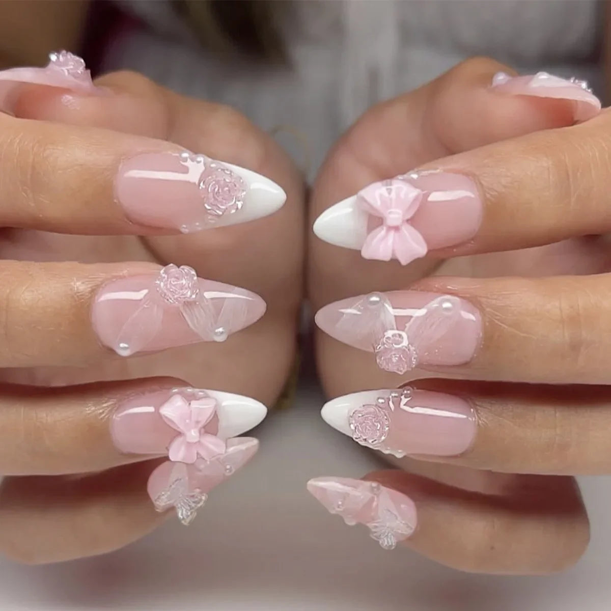 24pcs Cat Eye French Press-On Nails with 3D Bow