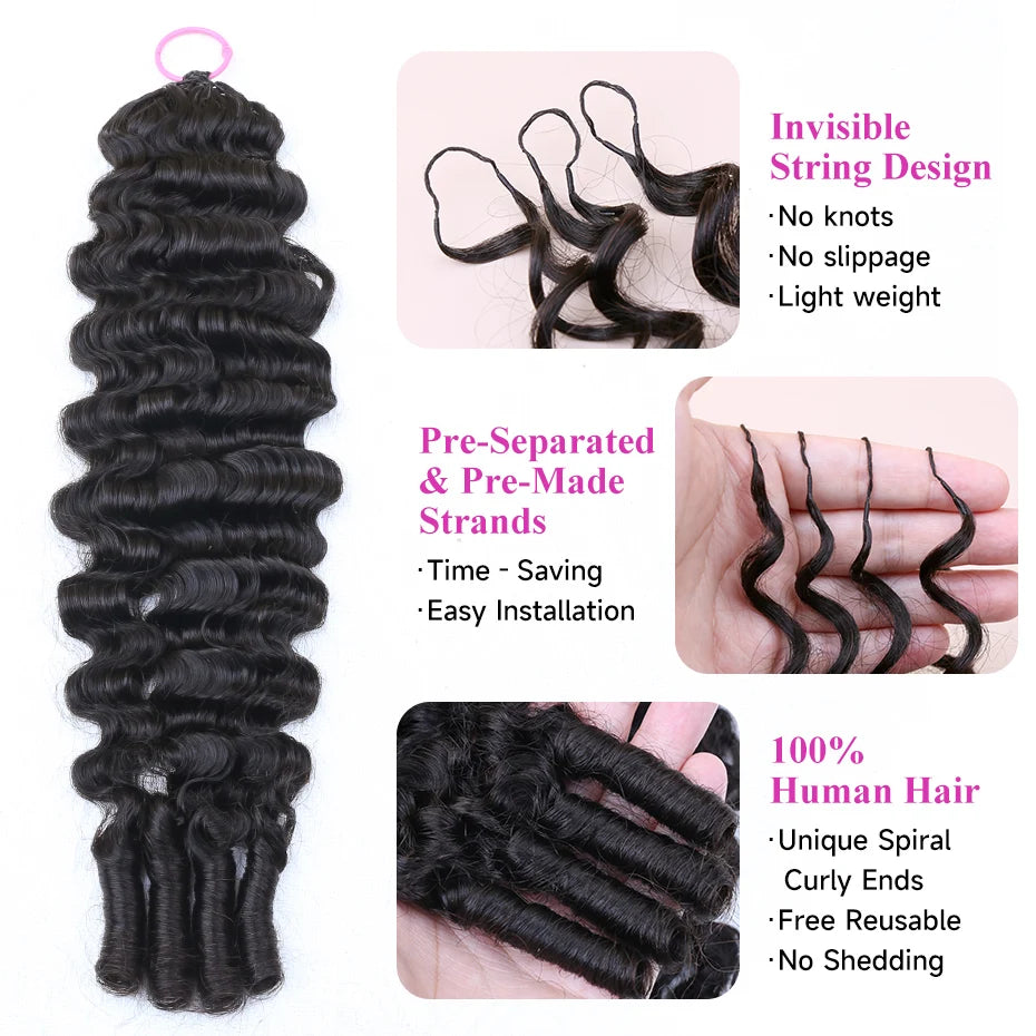 1B Burmese Curly Feather Crochet 100% Human Hair Pre-looped Invisible Miracle Knots Hair Feathered Pre-braided Crochet Human Hair Natural Colored Boho Braids Burmese Curls Hair Weave Bundles Remy Human Hair Extensions 20 22 2