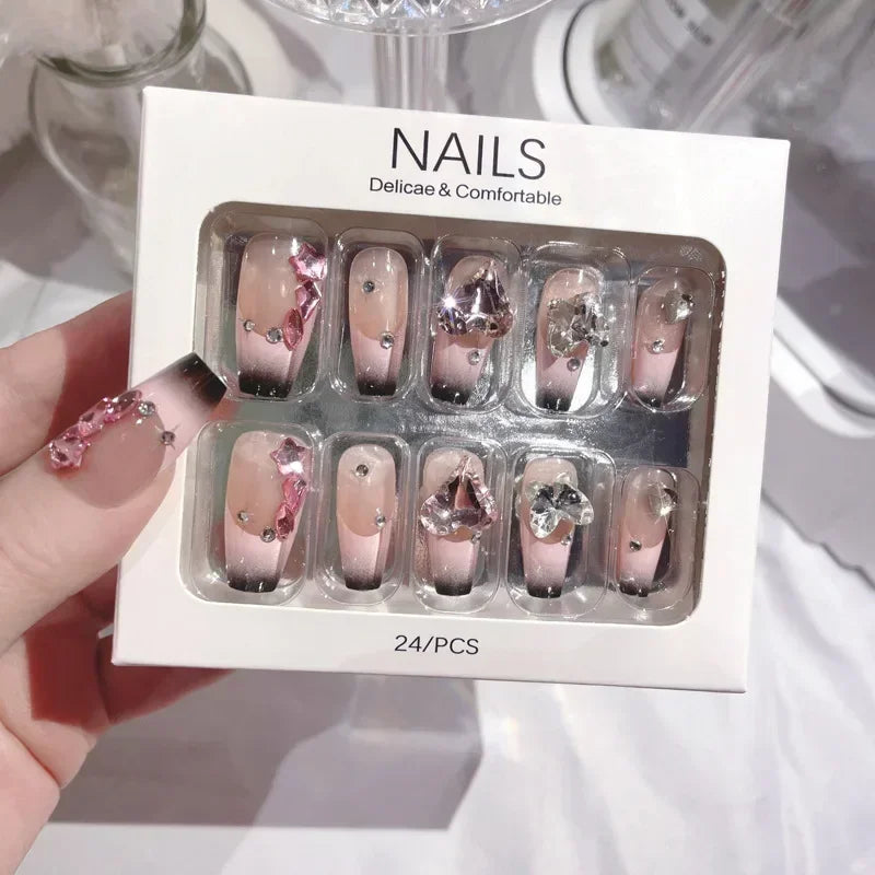 Blue Snowflake Rhinestone Press On Nails Long Full Cover 24Pcs