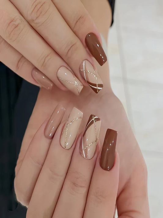 24pcs Retro Brown Square False Nails – Glitter Lines