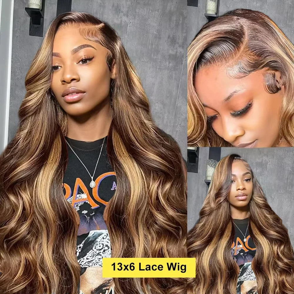 180 200 Density Remy Human Hair Body Wave Wigs P4/27 Highlight Colored 13x4 13x6 HD TranspatentLace Frontal 18-46 Inch Remy Hair