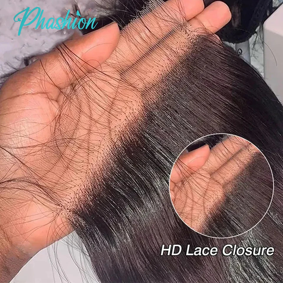 Phashion  HD 13x6 13x4 Lace Frontal Straight Pre Plucked 4X4 5x5 6x6 Swiss Full Body Closure Only Natural Black 100% Human Hair