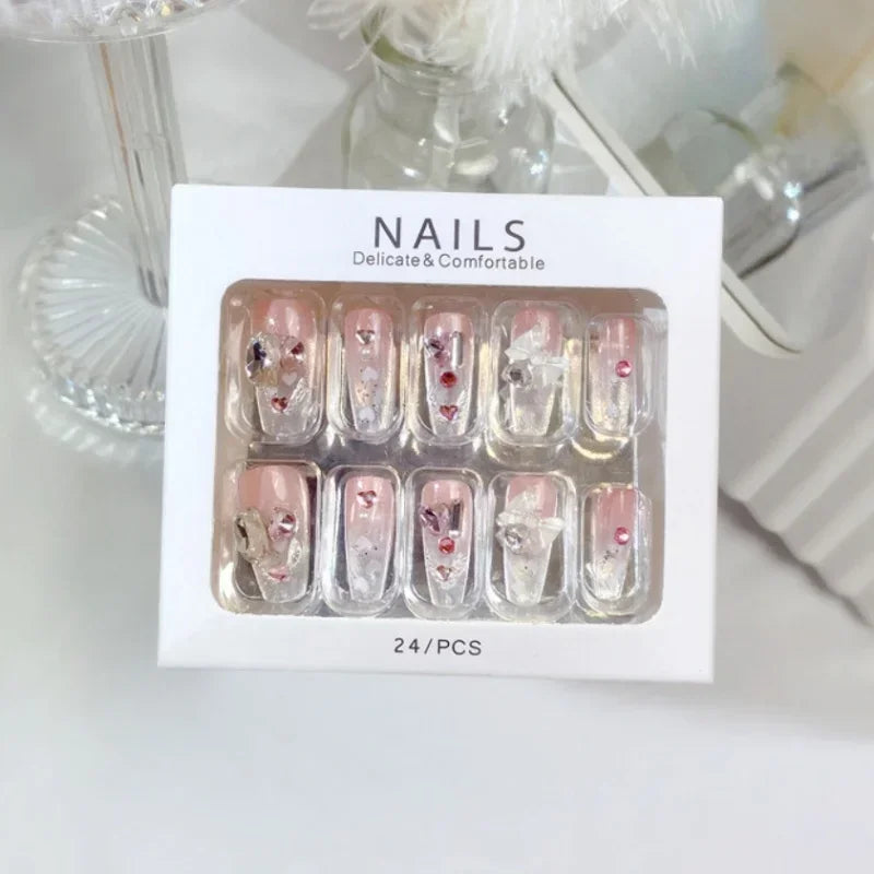 Blue Snowflake Rhinestone Press On Nails Long Full Cover 24Pcs