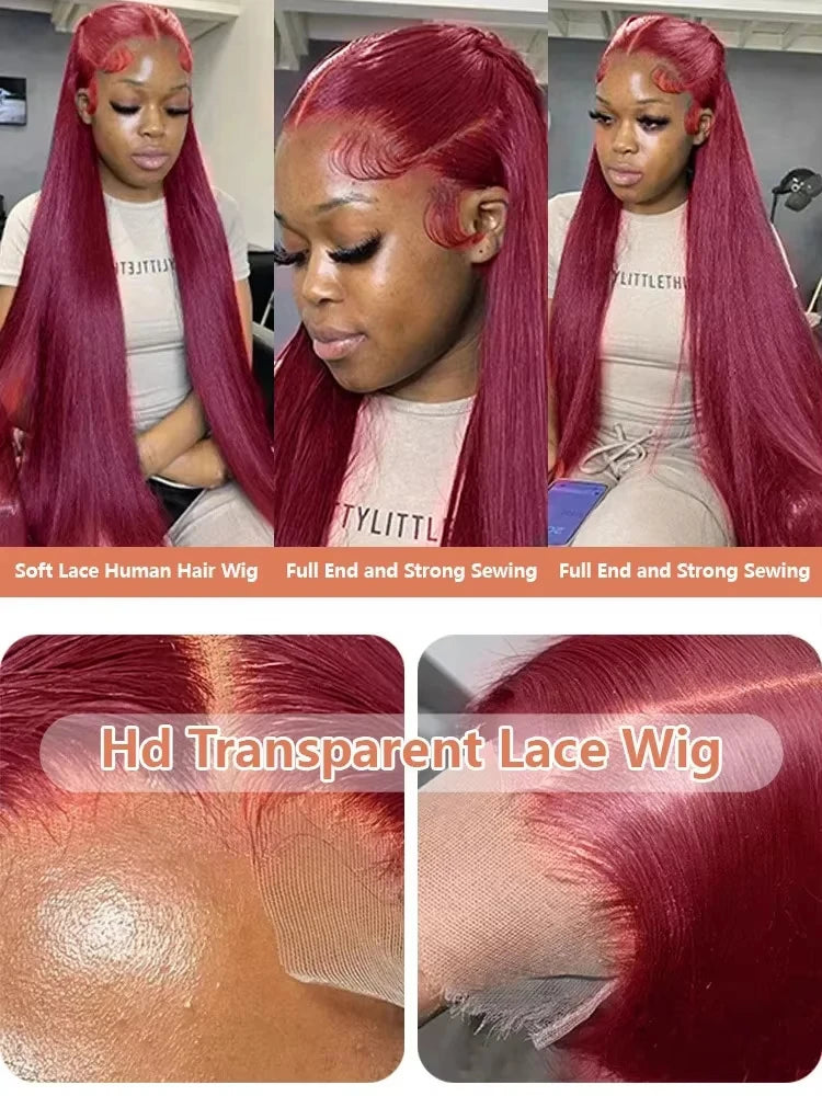 Luxury 36" Burgundy HD Lace Frontal Wig 200% Density Human Hair