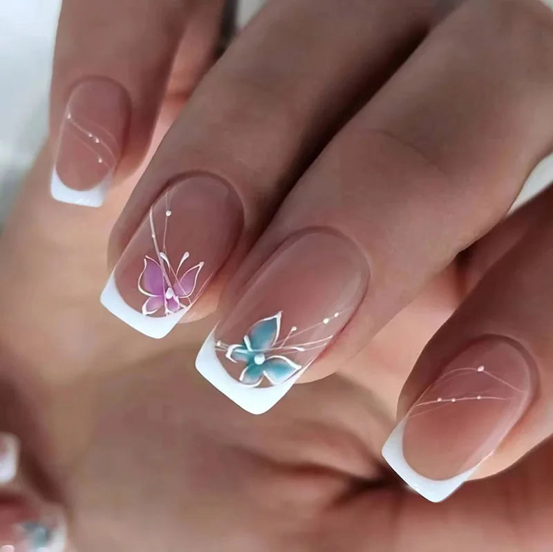 Short Square French Press On Nails Floral Acrylic Set 24Pcs