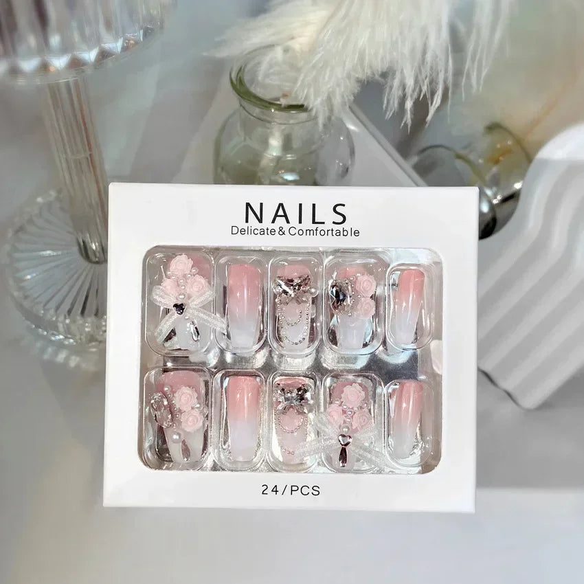Blue Snowflake Rhinestone Press On Nails Long Full Cover 24Pcs