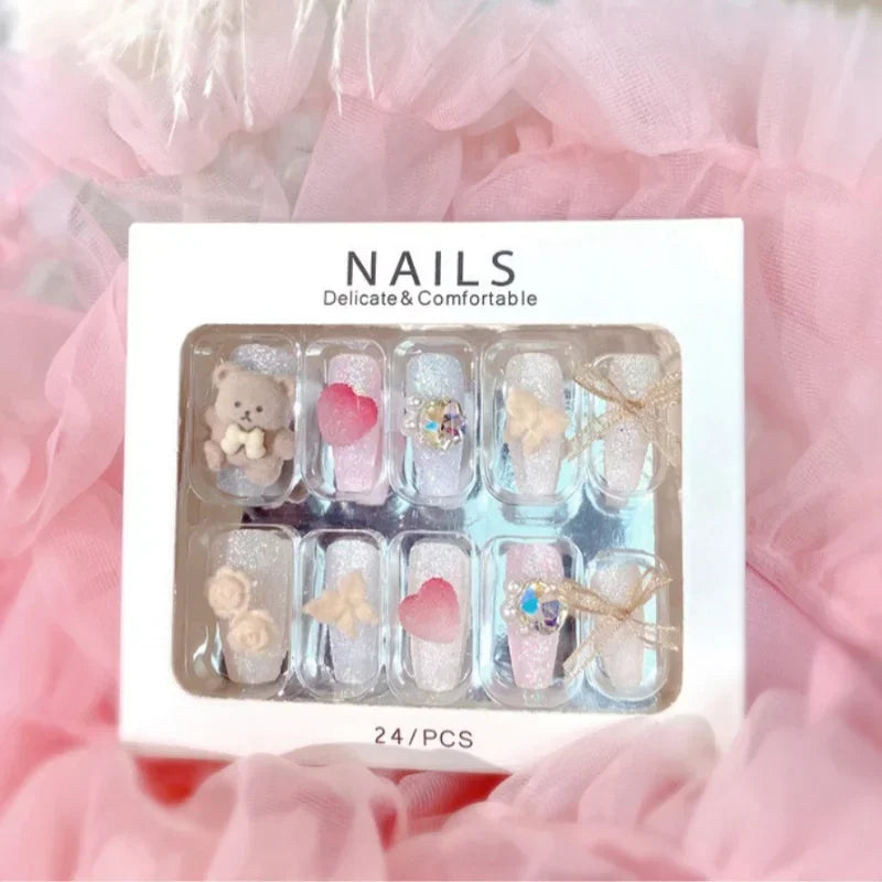 Blue Snowflake Rhinestone Press On Nails Long Full Cover 24Pcs