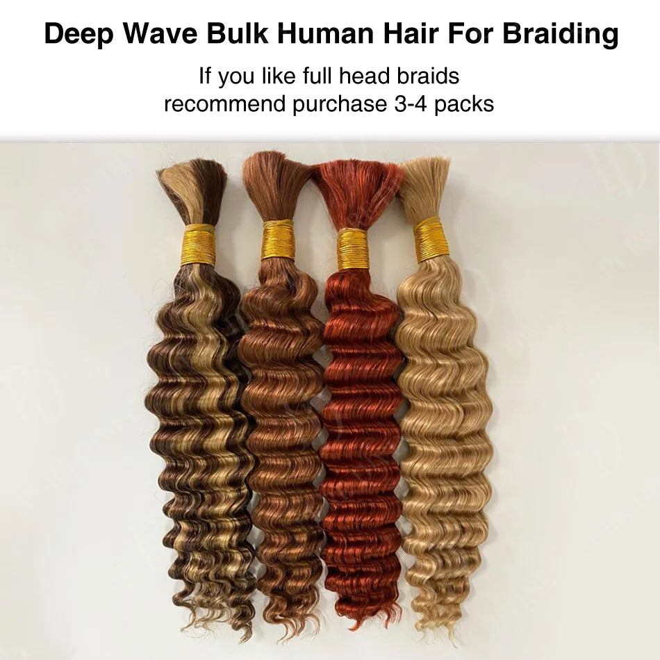 Pre-Colored Deep Wave Bulk Braiding Human Hair No Weft Remy Bulk Human Hair 14 To 28 Inch Bulk Hair Extension Crochet Braids