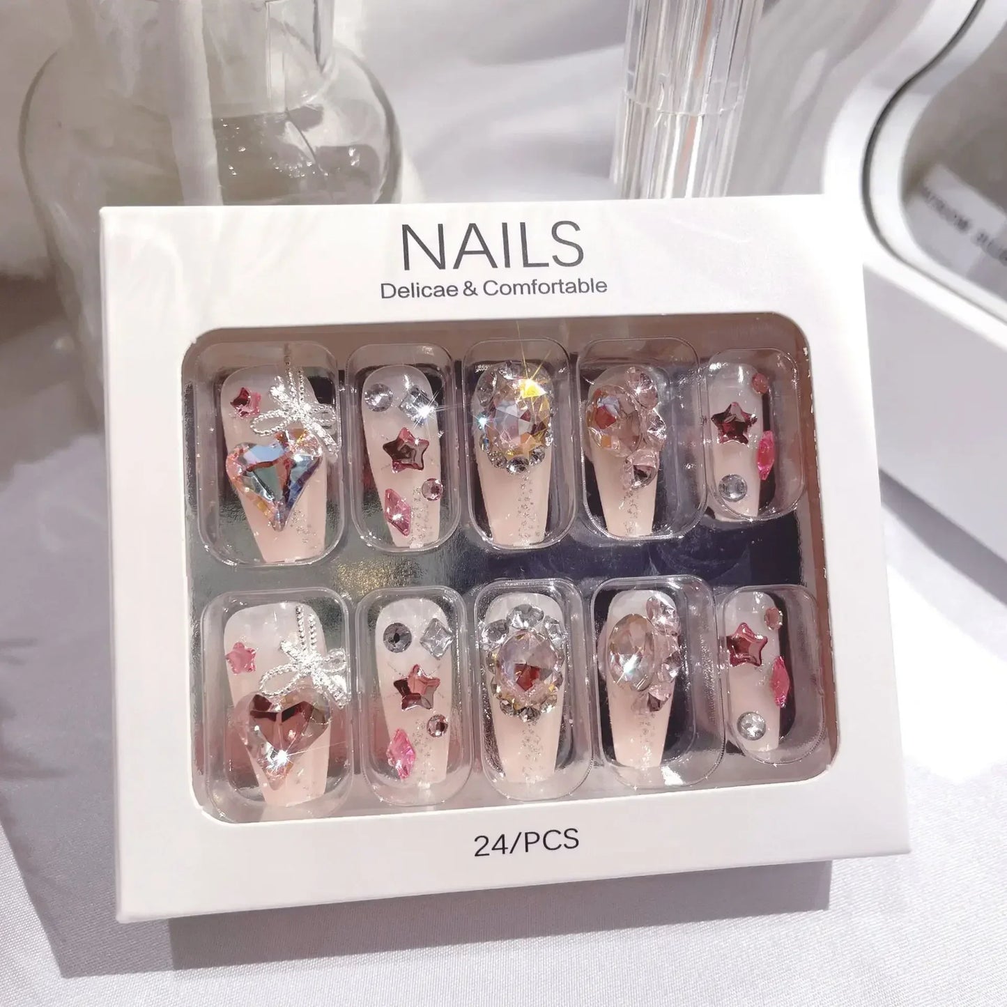 Blue Snowflake Rhinestone Press On Nails Long Full Cover 24Pcs