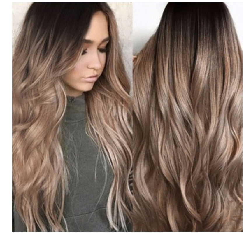 Gradient long curly hair wig with simulated scalp parting, 70cm Korean silk synthetic fiber for women