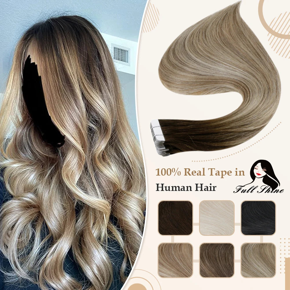 Balayage tape in human hair extensions by Full Shine, 20 pieces seamless remy blend, shown installed on highlighted hair