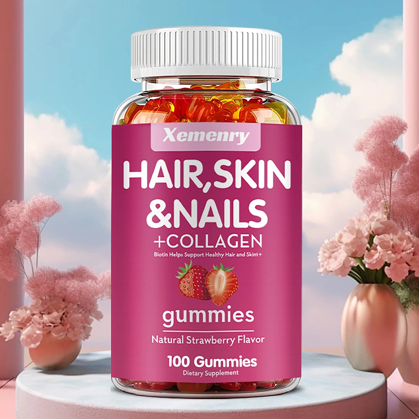 Biotin and collagen gummies bottle, 100 count, for hair growth, skin brightening and nail strength support