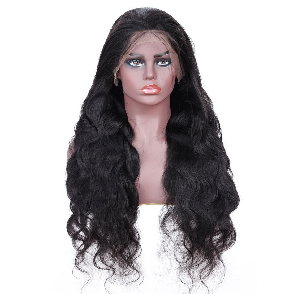 Body wave 13x4 lace front human hair wig, hand woven, natural wave pattern on a woman, medium-long length