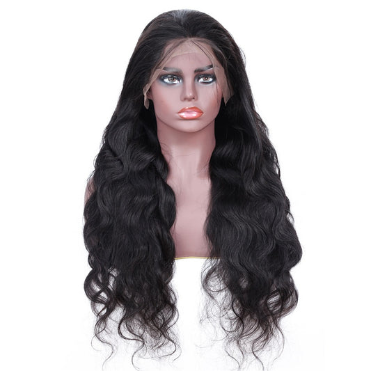 Body wave 13x4 lace front human hair wig, hand woven, natural wave pattern on a woman, medium-long length