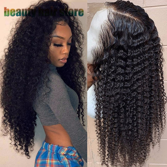 Brazilian kinky curly lace front wig in real human hair, 150% density, natural hairline shown on model