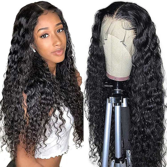 Burmese curly human hair wig in long length with defined small curl pattern, shown on model with natural skin tone