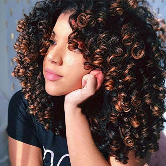 16 inch curly synthetic wig in warm brown, shoulder-length heat resistant style shown on a model