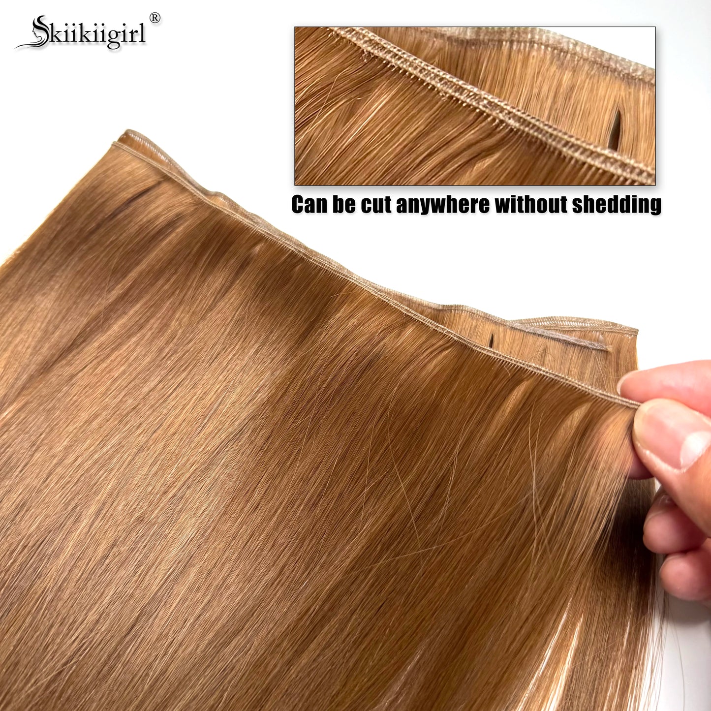 Double drawn genius weft hair extensions in blonde virgin straight hair, 100g, ultra-thin flat weft shown against scalp