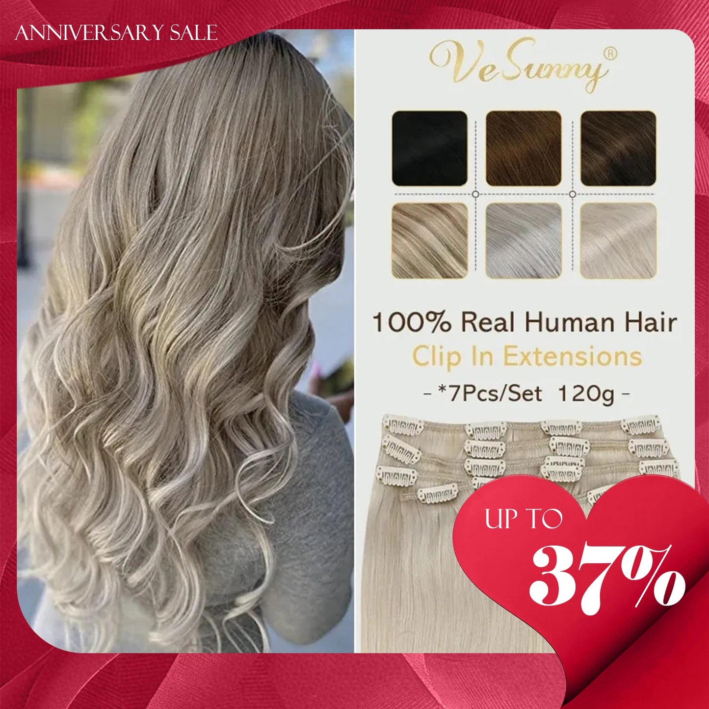 Double weft clip in hair extensions in Brazilian remy human hair, 7 pieces 100g, shown in dark brown and blonde shades